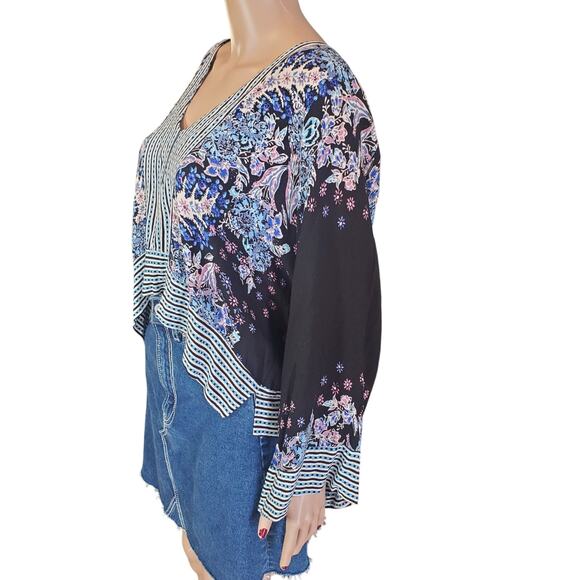 Free People Size S Mix N Match Blouse Black Combo Dark Floral Boho Oversized - Picture 3 of 9